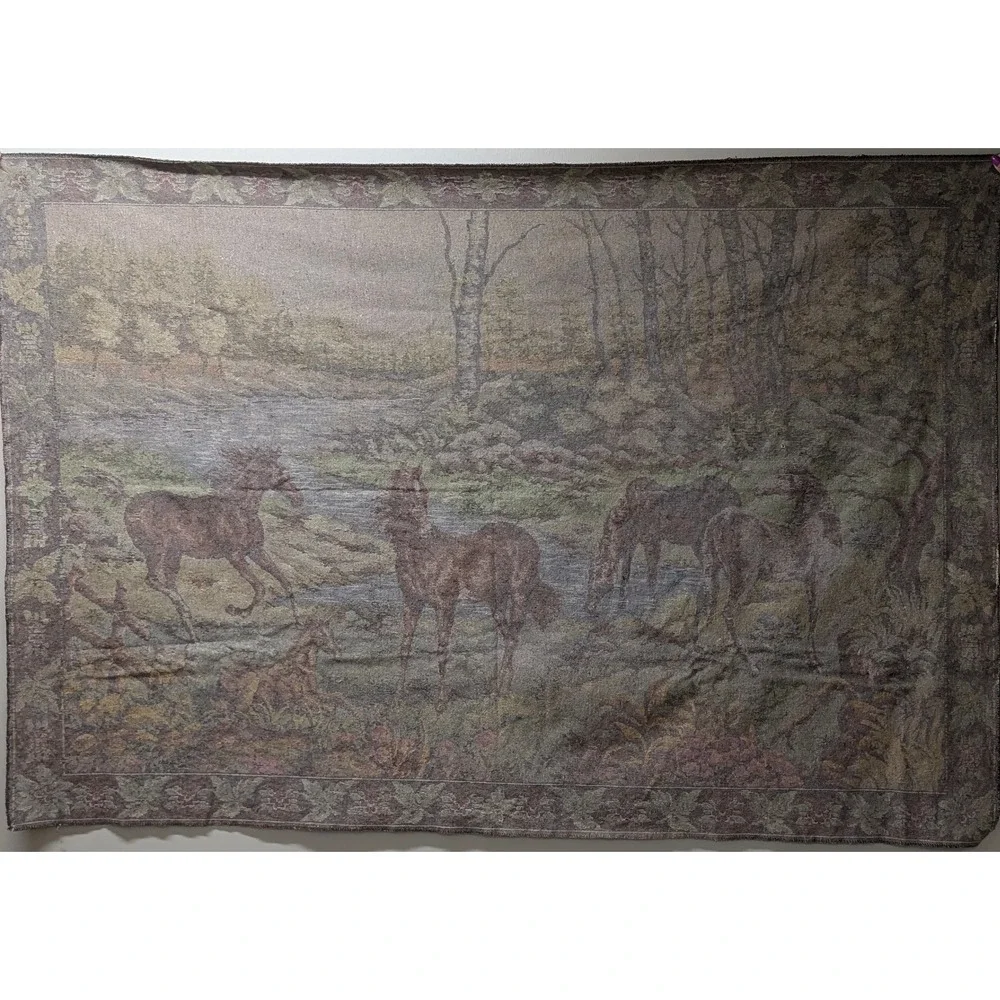 Italian Vintage Velvet Horse Tapestry 4x6 Wild Horses Nature Scene Wall Hanging